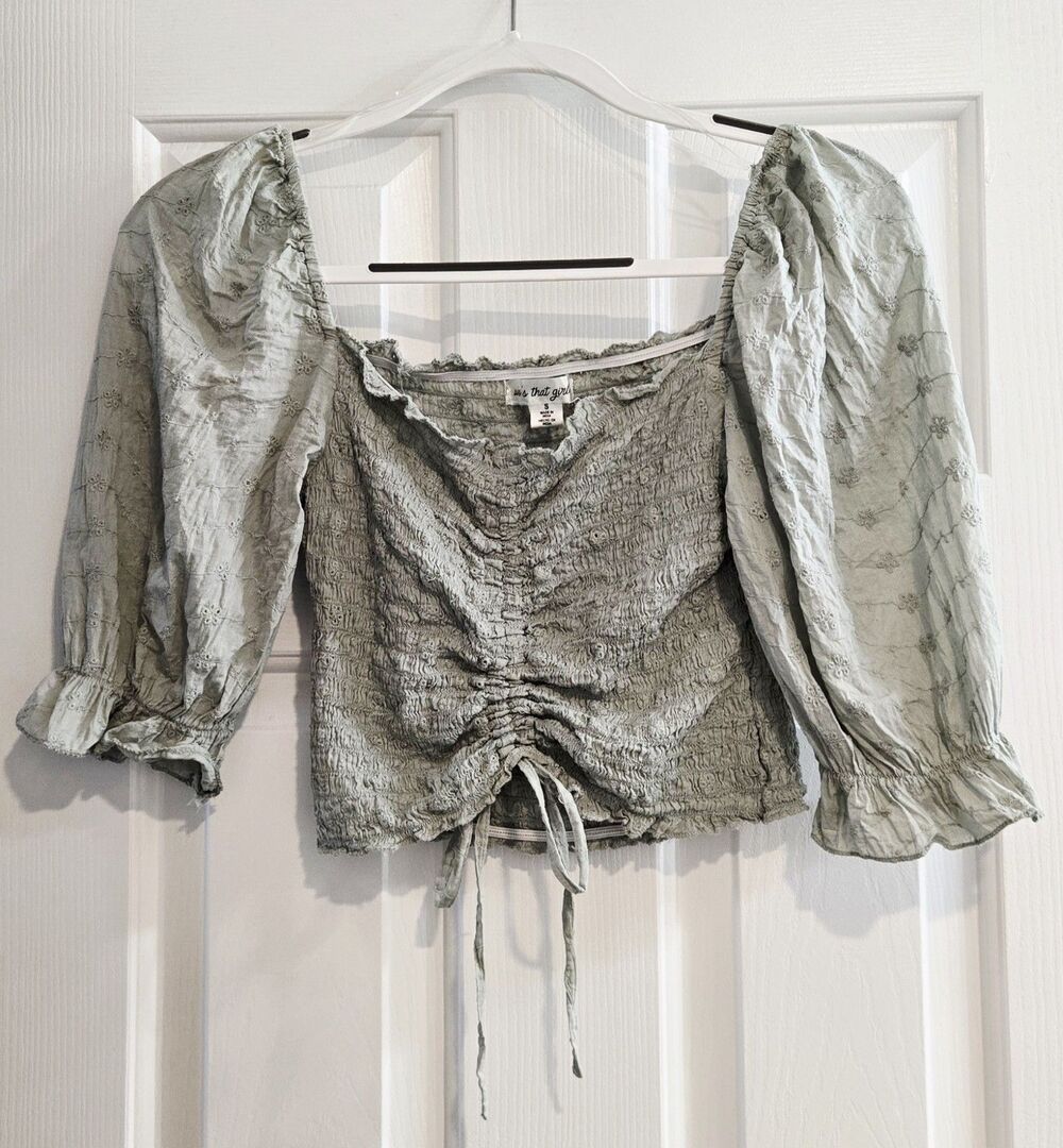 Whos That Girl Milkmaid Crop Top S Sage Green Smocked Puff Sleeve Cottagecore